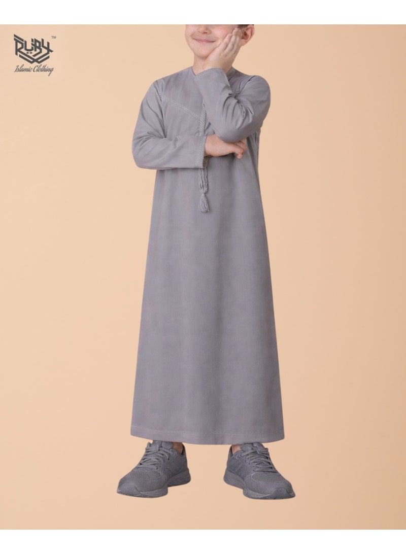 RUBY ISLAMIC CLOTHING Classic Light Grey Emirati Thobe (Kandura) for Children & Kids with Intricate Embroidery, Kaftan, Round Neck, Long Sleeve, Saudi Arabian Muslim Robe - Image 2